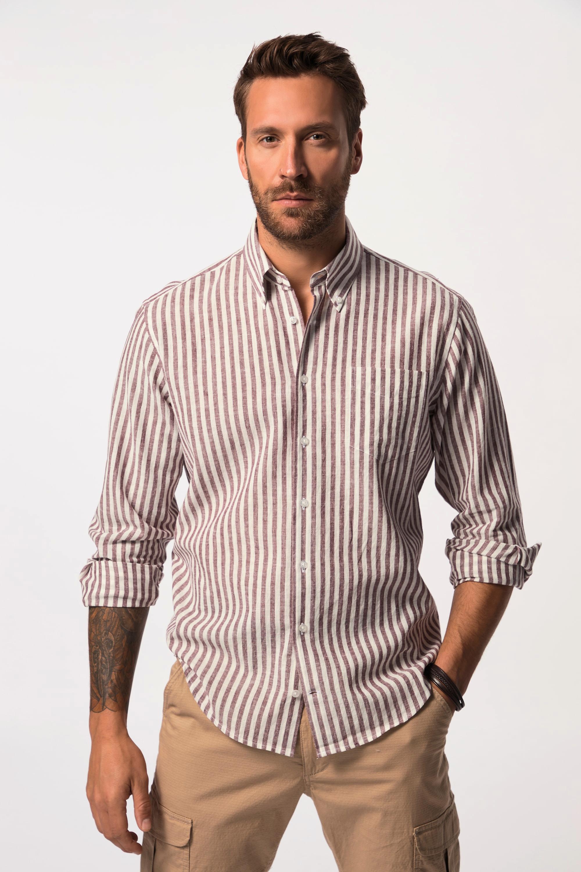 JP1880  Camicia a righe in misto lino con vestibilità moderna, colletto button-down e maniche lunghe, fino alla tg. 8XL 