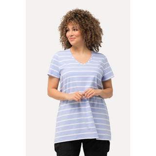 Ulla Popken  T-shirt dal taglio svasato con righe, scollo a V e mezze maniche 