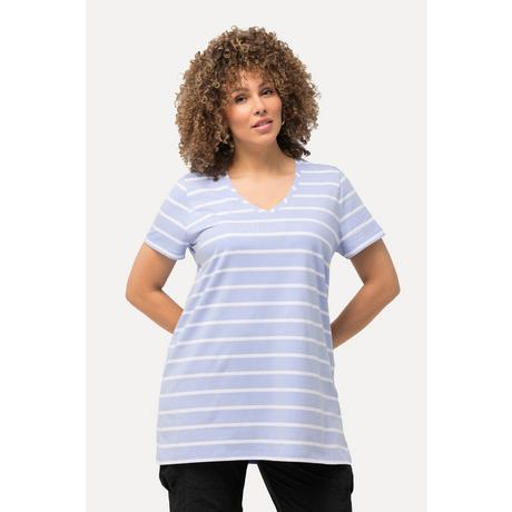 Ulla Popken  T-shirt dal taglio svasato con righe, scollo a V e mezze maniche 