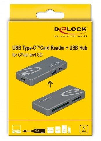 DeLock  LETTORE DI SCHEDE USB TYPE-C PER SCHEDE DI MEMORIA CFAST E SD + HUB USB CON PORTA DI TIPO-A E USB TYPE-C 