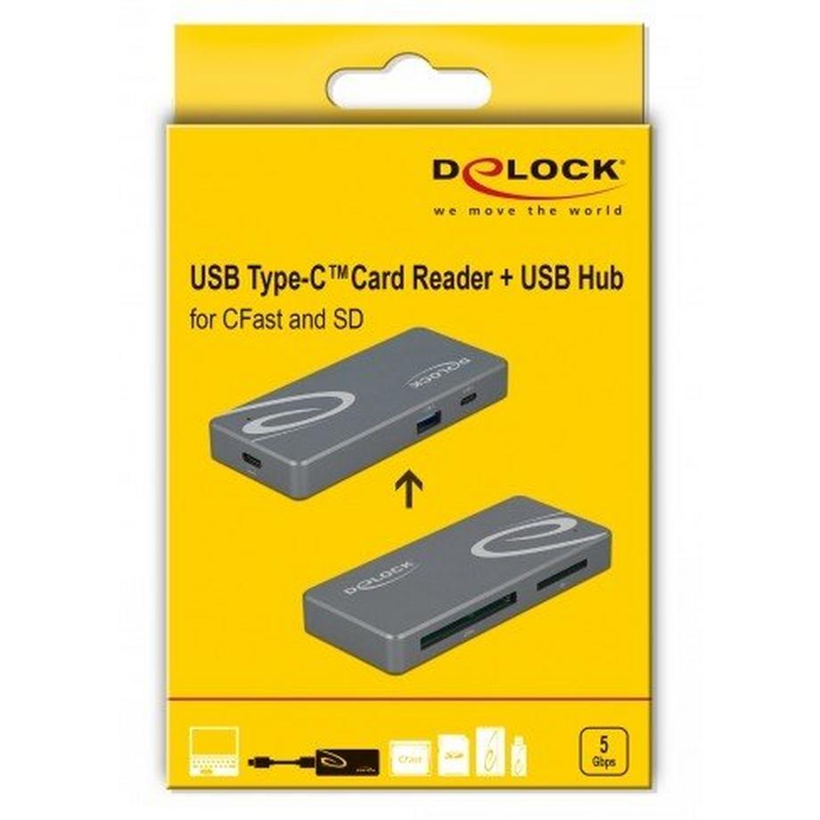 DeLock  LECTEUR DE CARTE USB TYPE-C POUR CARTES M?MOIRES CFAST ET SD + USB HUB AVEC PORT TYPE-A ET USB TYPE-C 