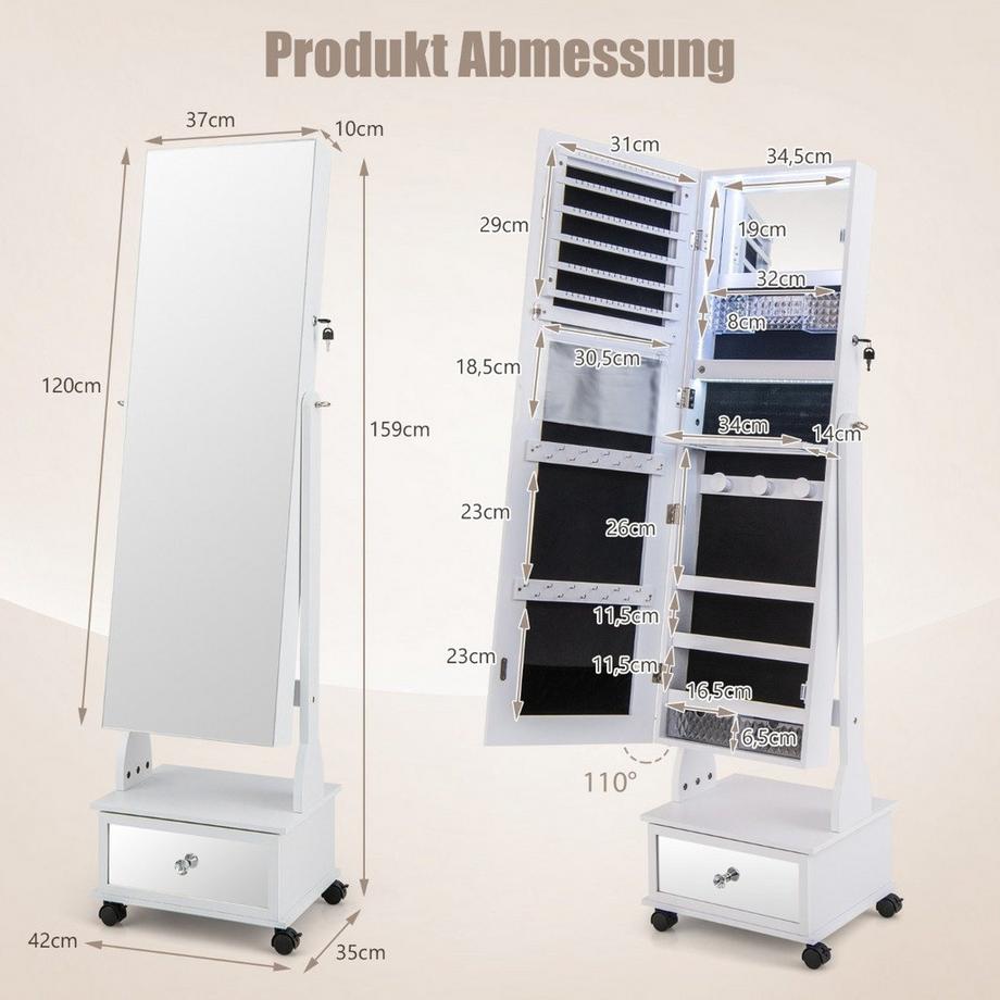Northio Schmuckschrank mit 3 Spiegeln Schublade Rollen und Beleuchtung  