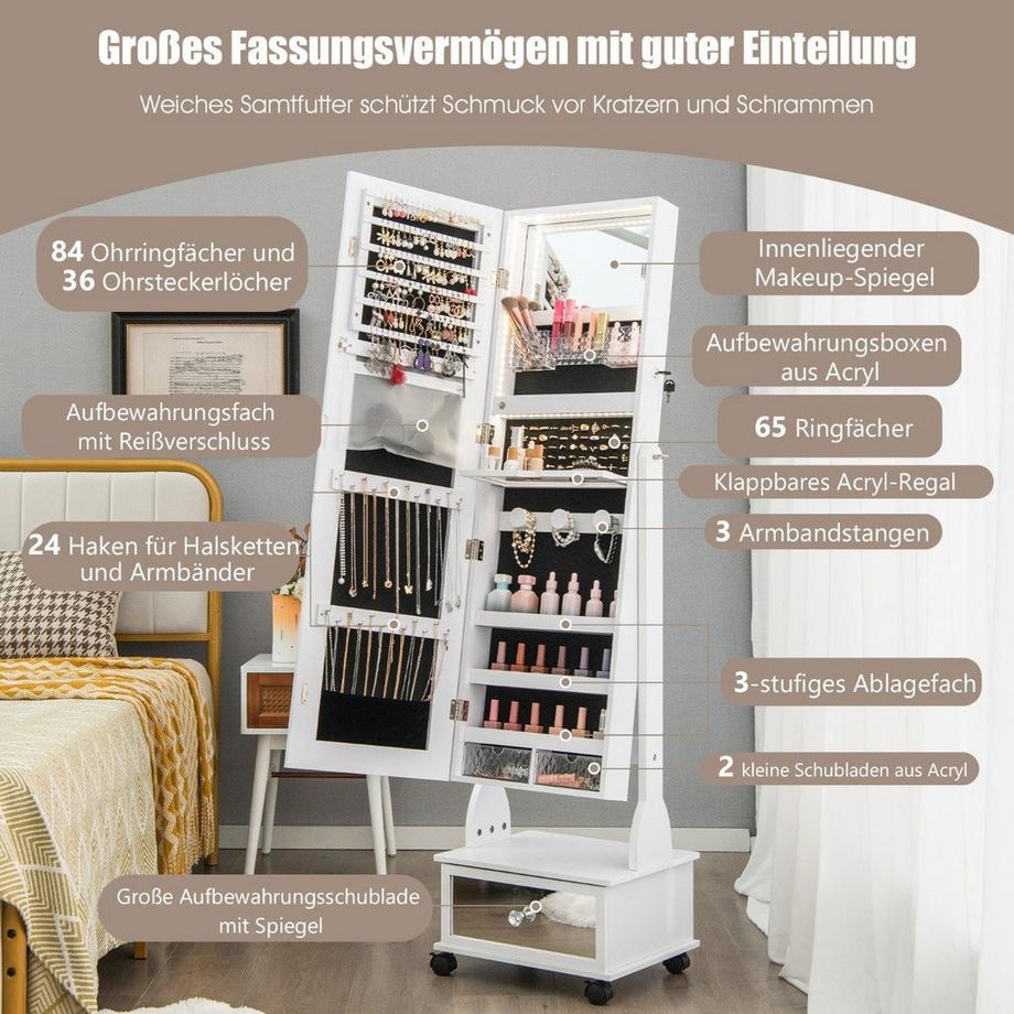 Northio Schmuckschrank mit 3 Spiegeln Schublade Rollen und Beleuchtung  