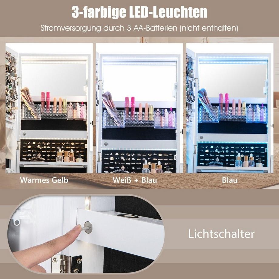 Northio Schmuckschrank mit 3 Spiegeln Schublade Rollen und Beleuchtung  