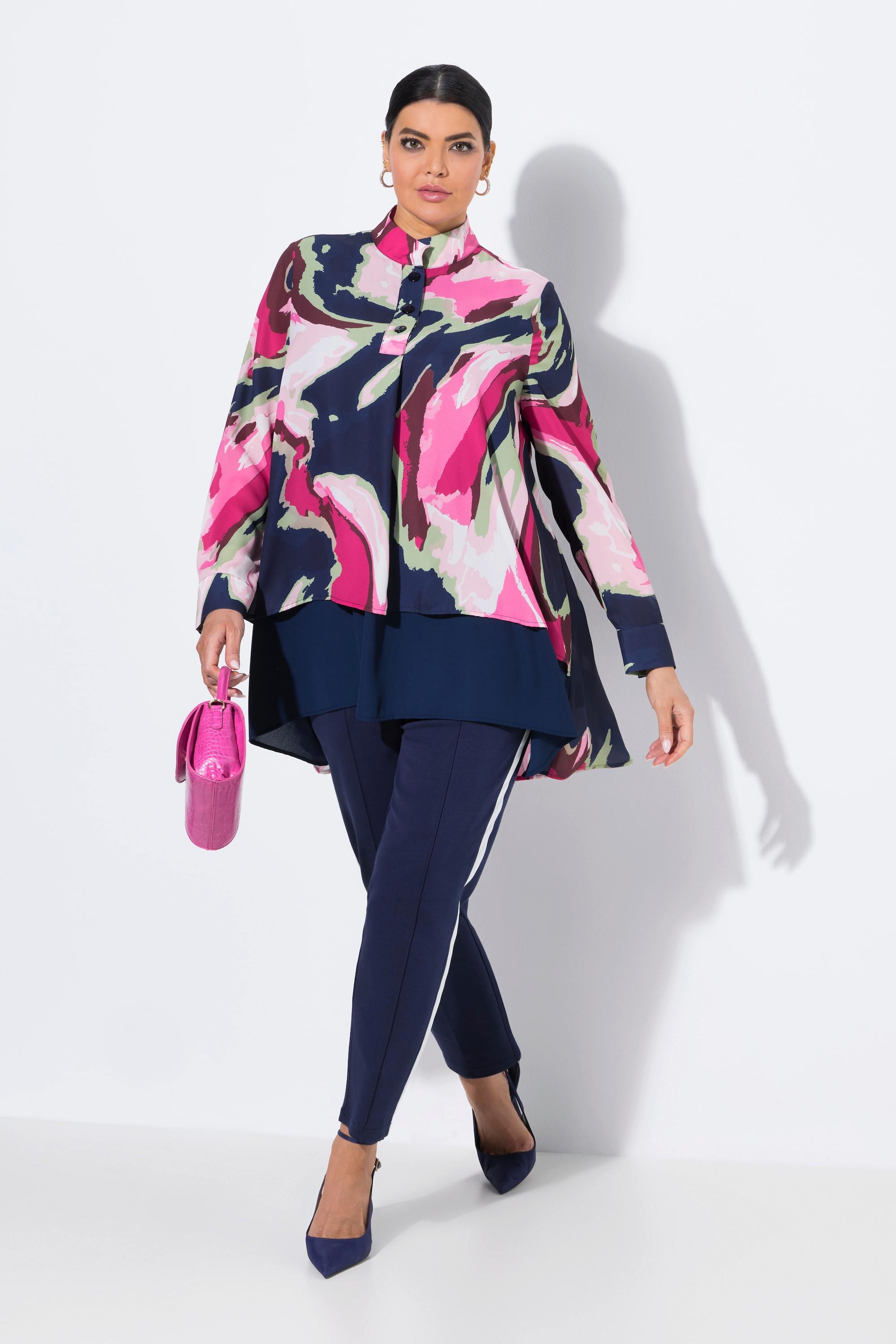 Ulla Popken Tunica Taglio Svasato Collo Alto Pieghe Decorative Maniche Lunghe  