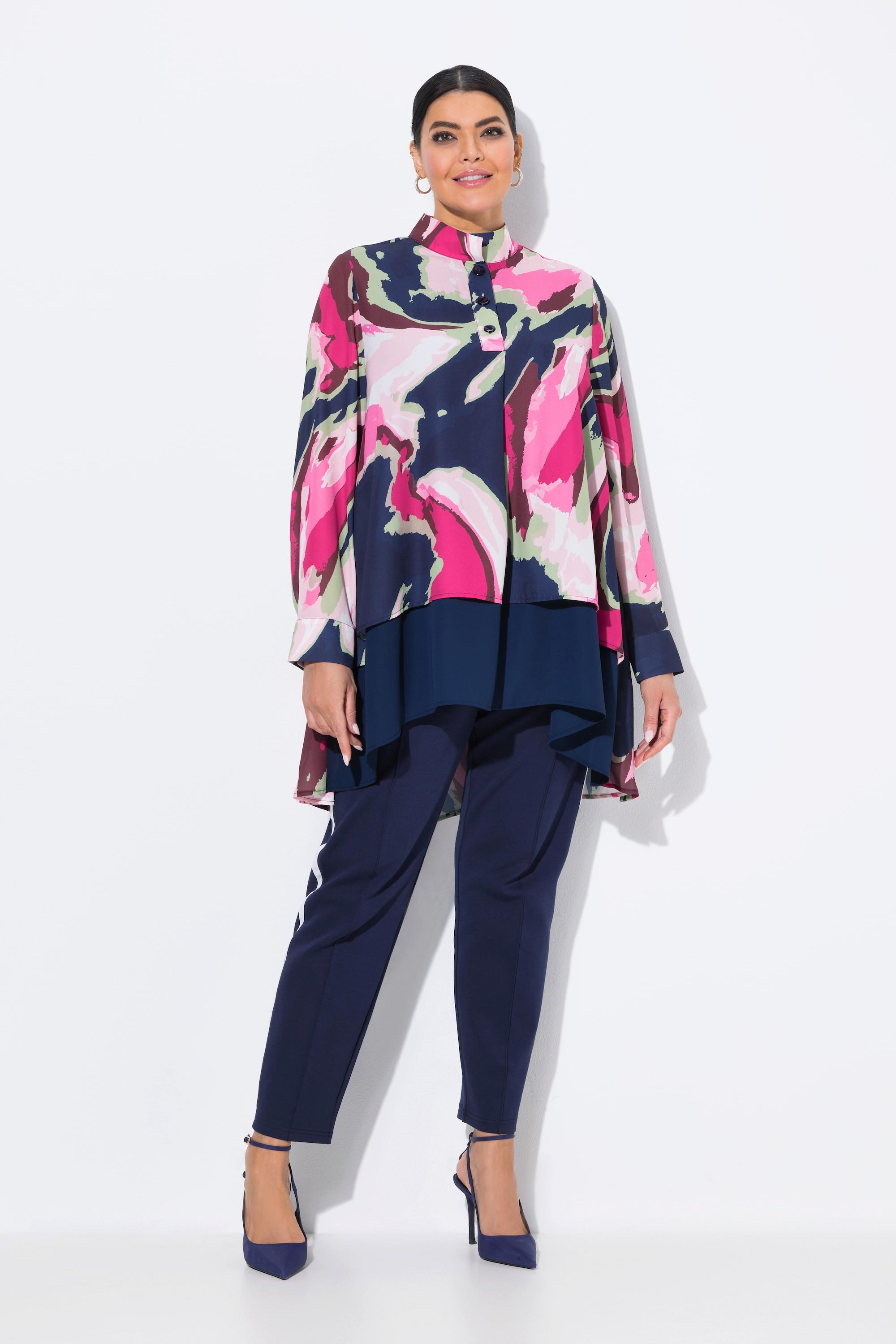 Ulla Popken Tunica Taglio Svasato Collo Alto Pieghe Decorative Maniche Lunghe  