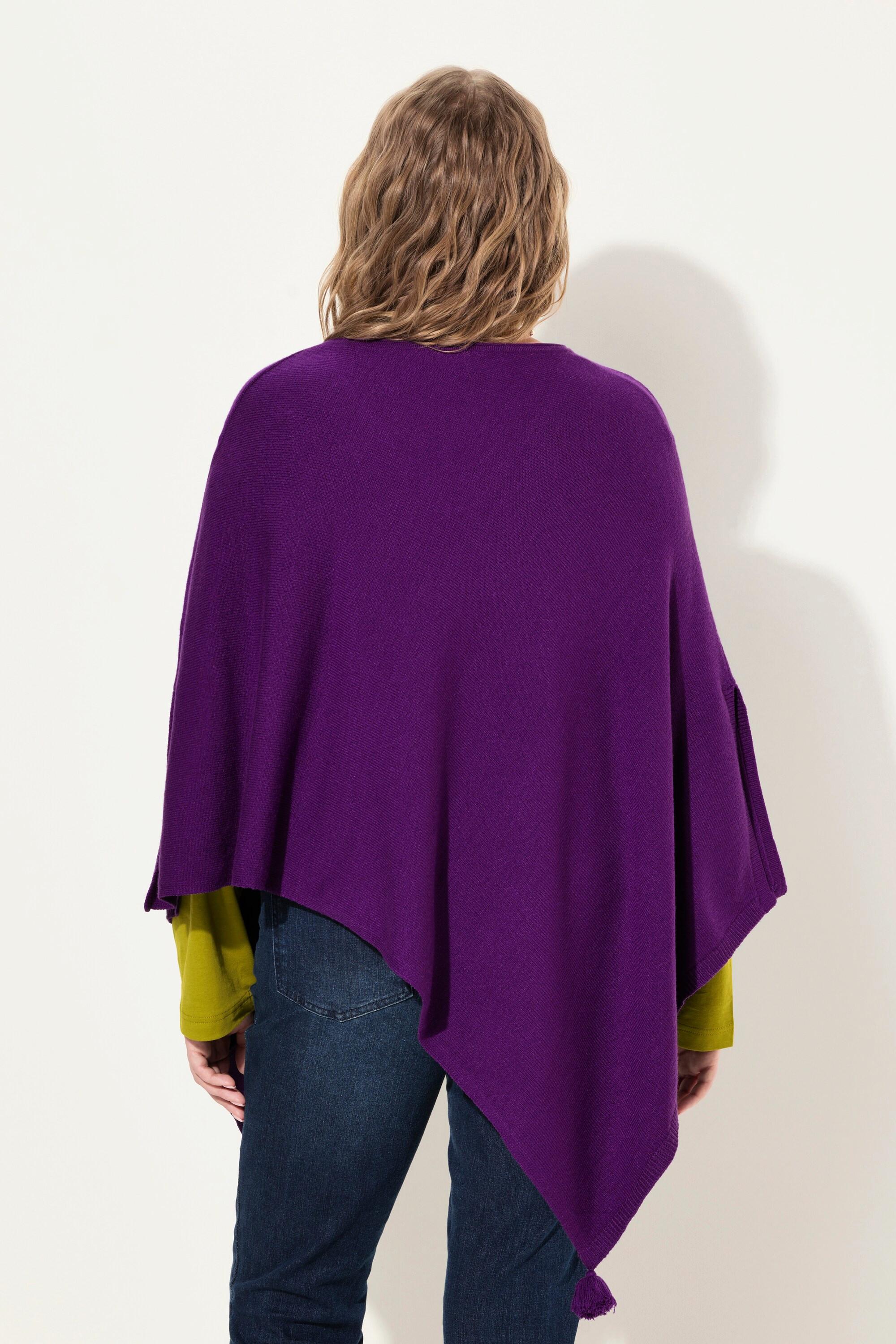 Ulla Popken  Poncho di maglia smanicato con orlo a punta, nappe e scollo a V 