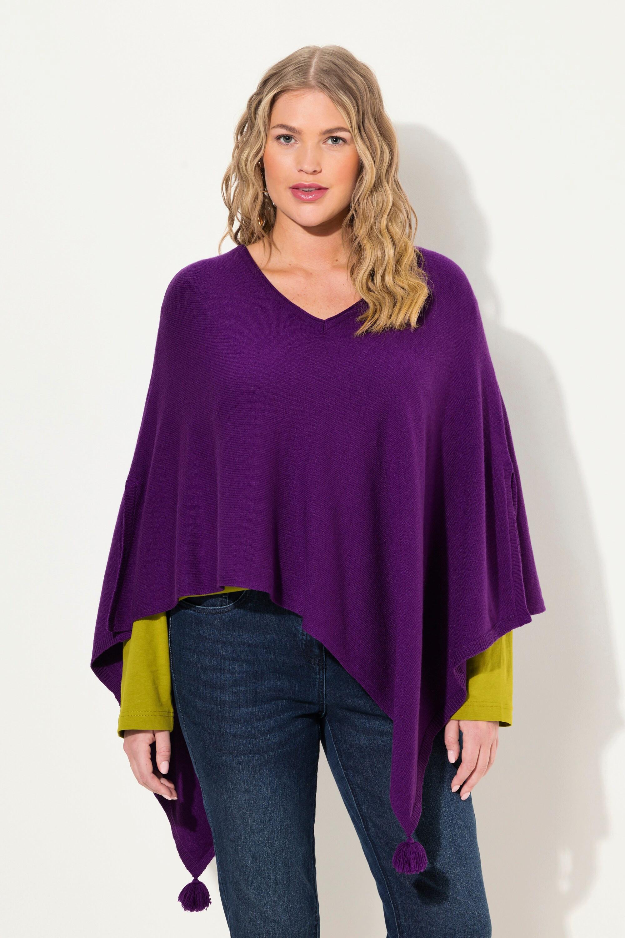 Ulla Popken  Poncho en maille, finition en pointe, pompon, col en V, sans manches 