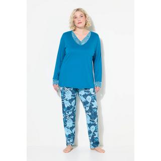 Ulla Popken  Pyjama en modal avec dentelle, manches longues et col en V 