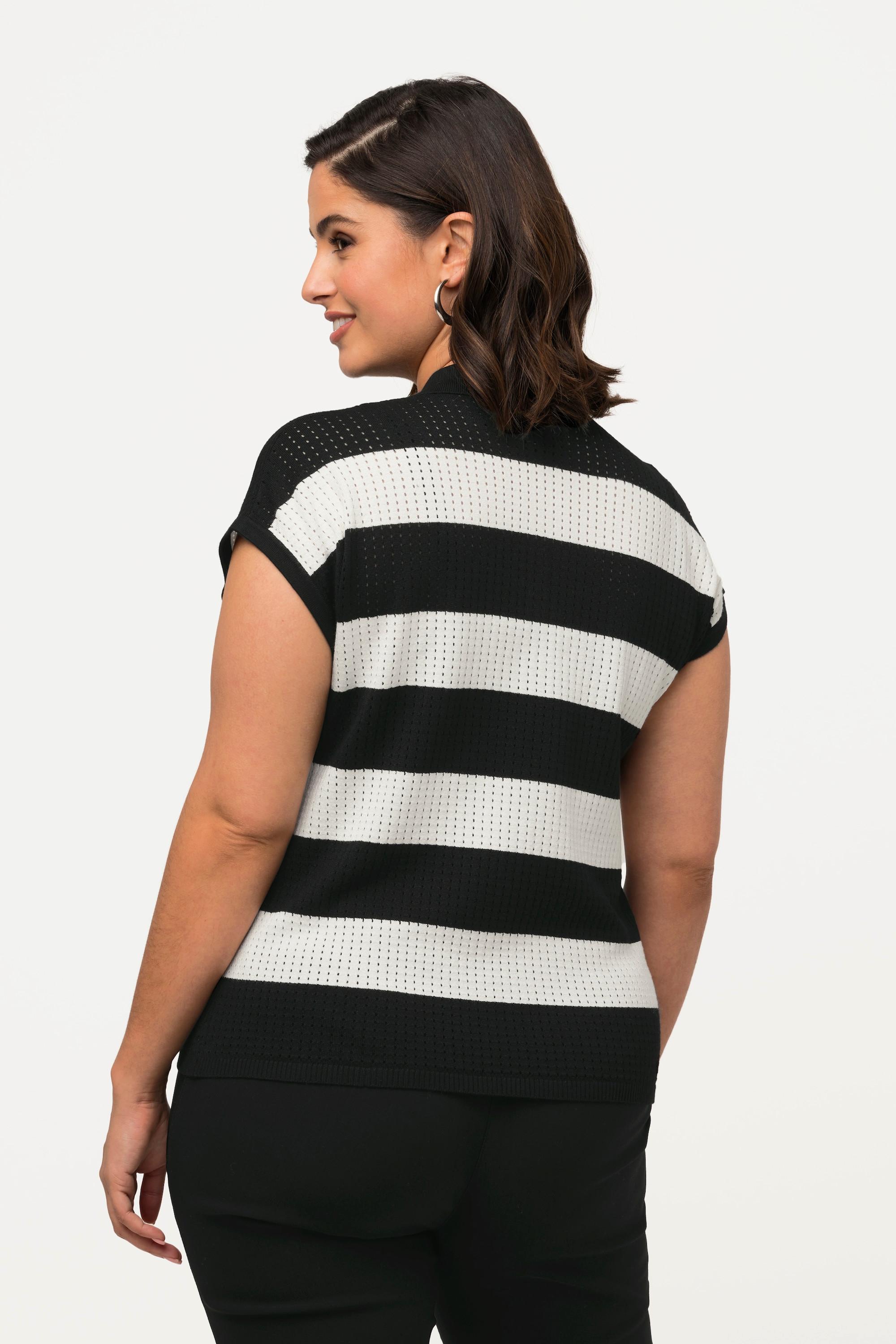 Ulla Popken Pull sans manches rayé géométrique ajouré col polo  