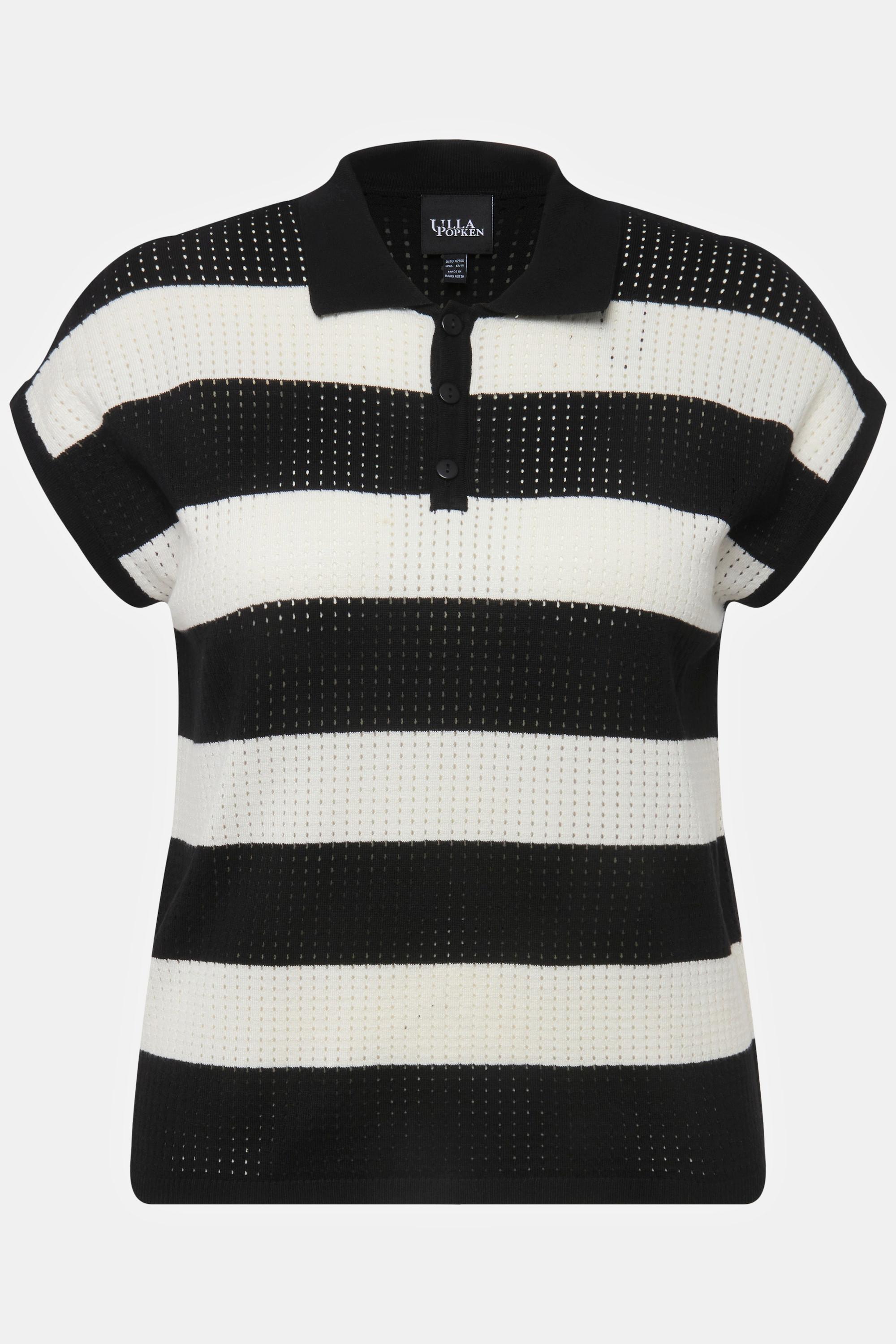 Ulla Popken Pull sans manches rayé géométrique ajouré col polo  
