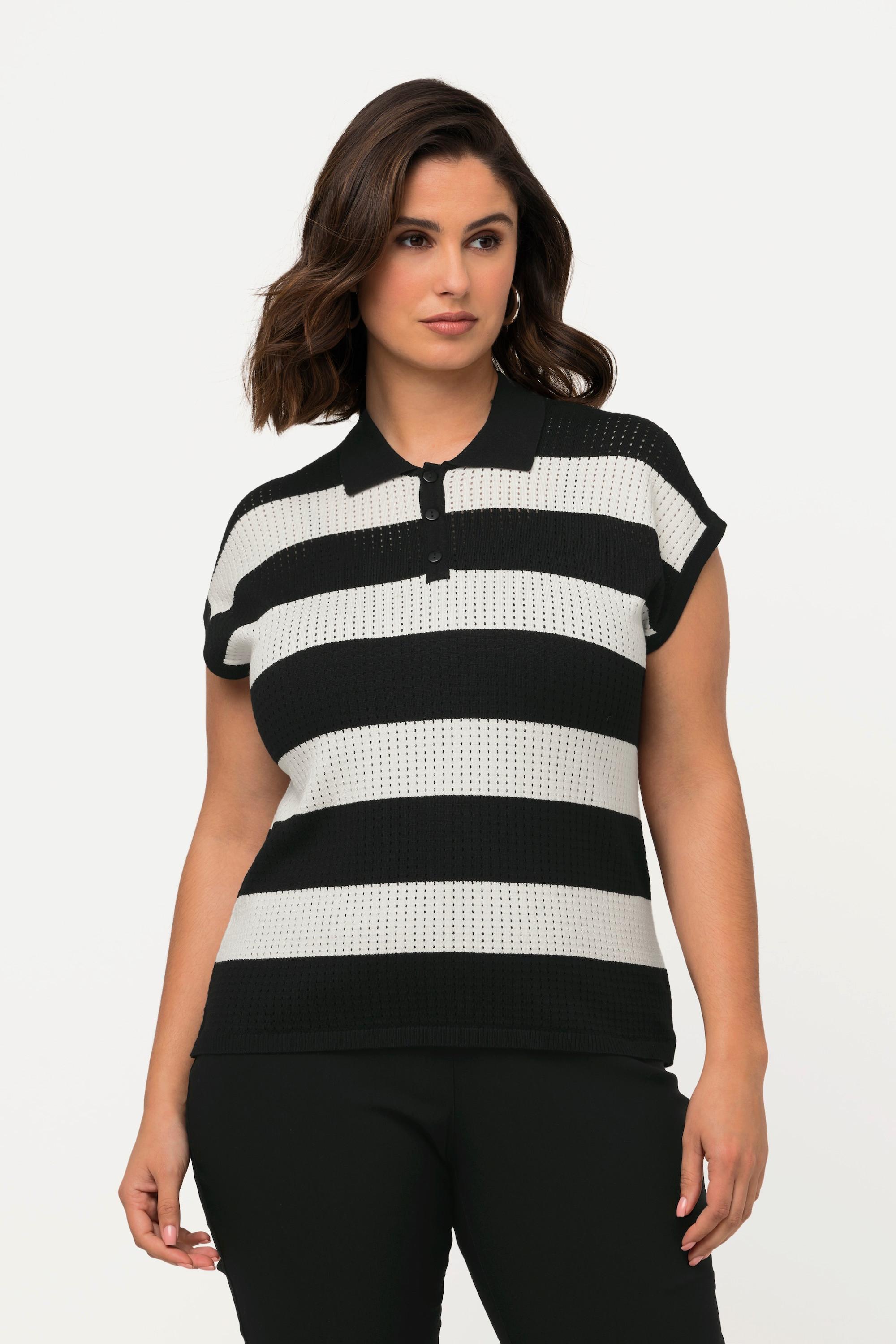 Ulla Popken Pull sans manches rayé géométrique ajouré col polo  