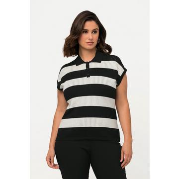 Pull sans manches à col polo, motif ajouré et rayures