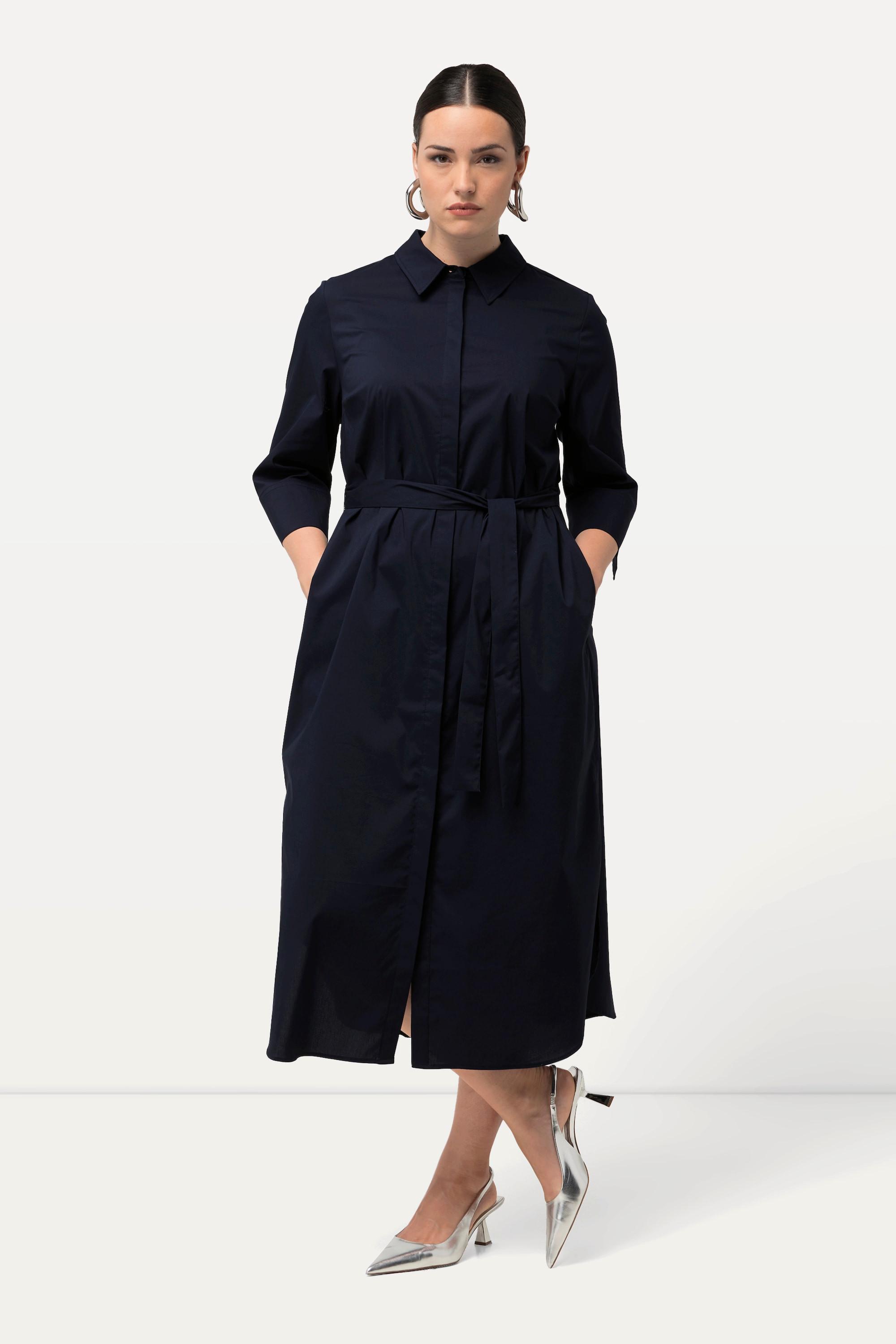 Ulla Popken  Robe chemisier à coupe évasée, manches 3/4 et ceinture 