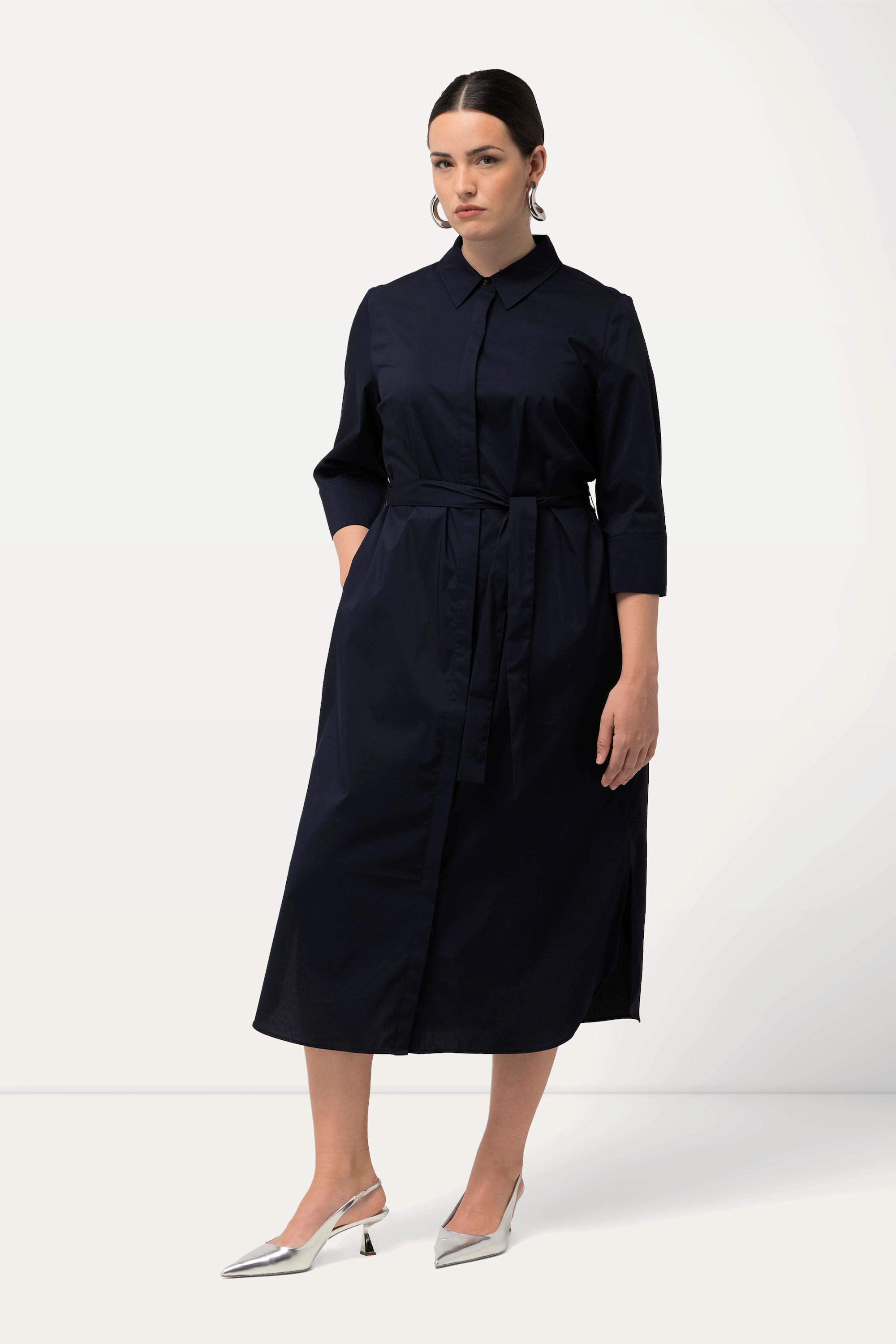 Ulla Popken  Robe chemisier à coupe évasée, manches 3/4 et ceinture 