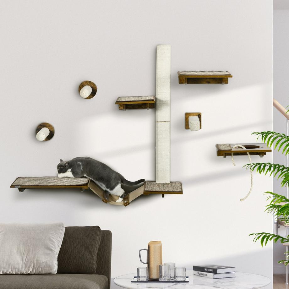 Northio  Katzen Kletterwand Set, 8-teilig Katzenmöbel mit Kratzbäumen, Sitzstangen, Kratzbrett, Katzentreppe, Sisal, Braun 