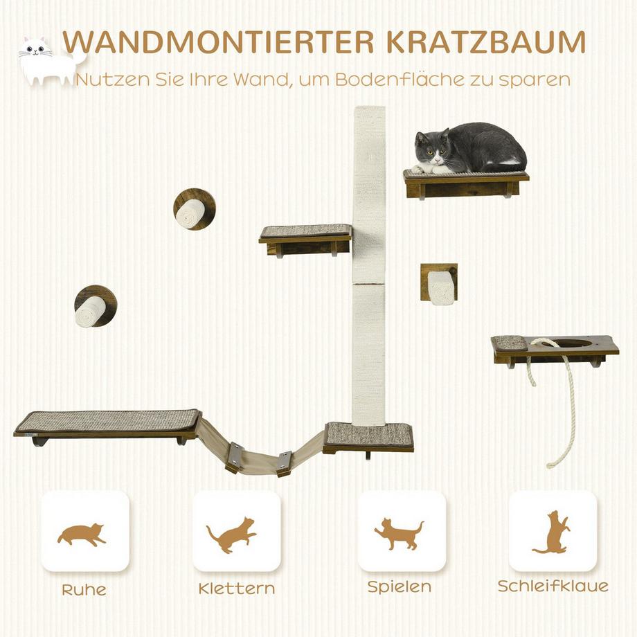 Northio  Katzen Kletterwand Set, 8-teilig Katzenmöbel mit Kratzbäumen, Sitzstangen, Kratzbrett, Katzentreppe, Sisal, Braun 