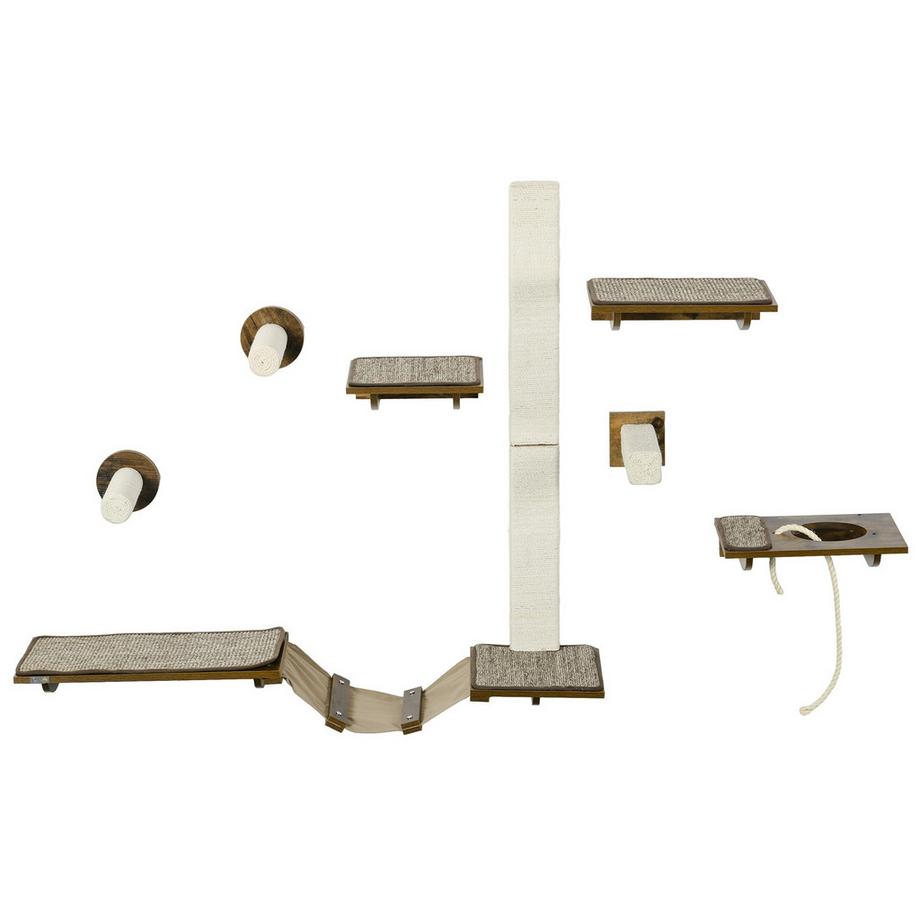 Northio  Katzen Kletterwand Set, 8-teilig Katzenmöbel mit Kratzbäumen, Sitzstangen, Kratzbrett, Katzentreppe, Sisal, Braun 