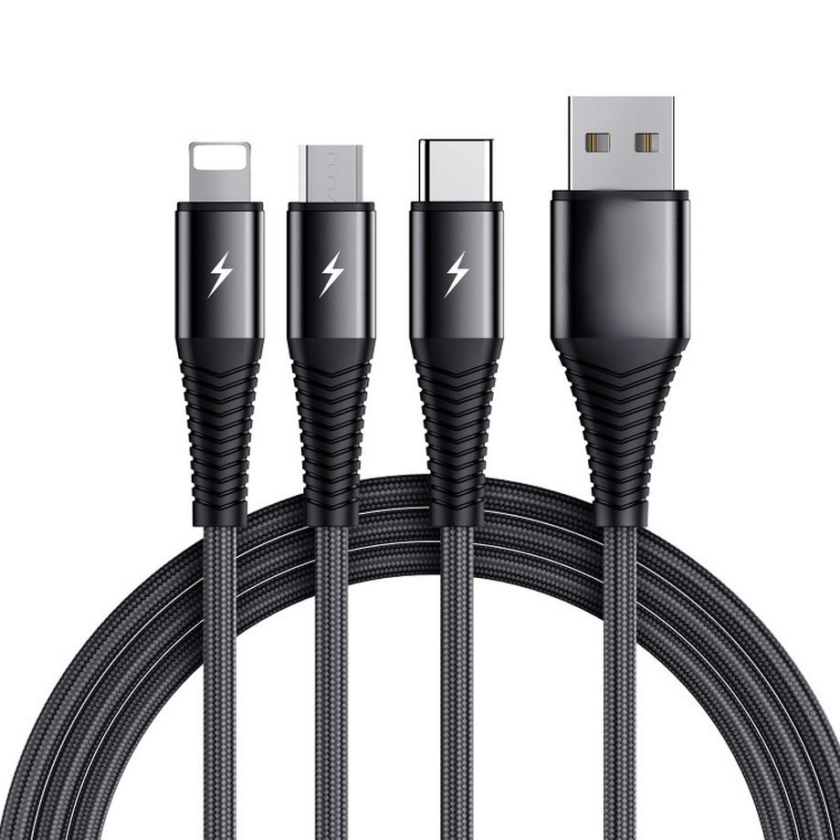 Câble Lightning 3-en-1 SiGN, USB-C, Micro-USB, 3A, 1,2 m - Noir