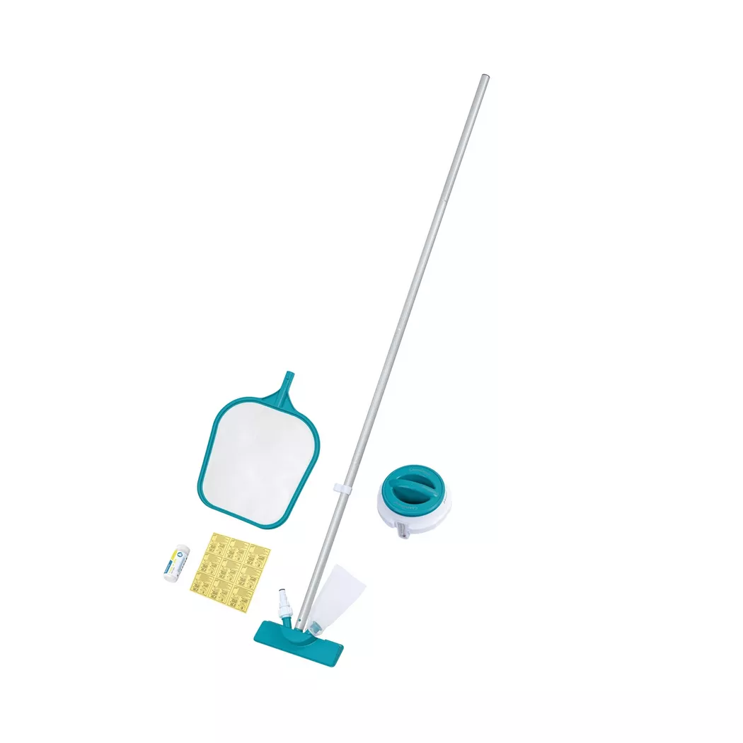 Bestway AquaClear Pool Accessories Kit with Vacuum, Skimmer, Chemical Dispenser, 3-in-1 Test Strips, Repair Patches