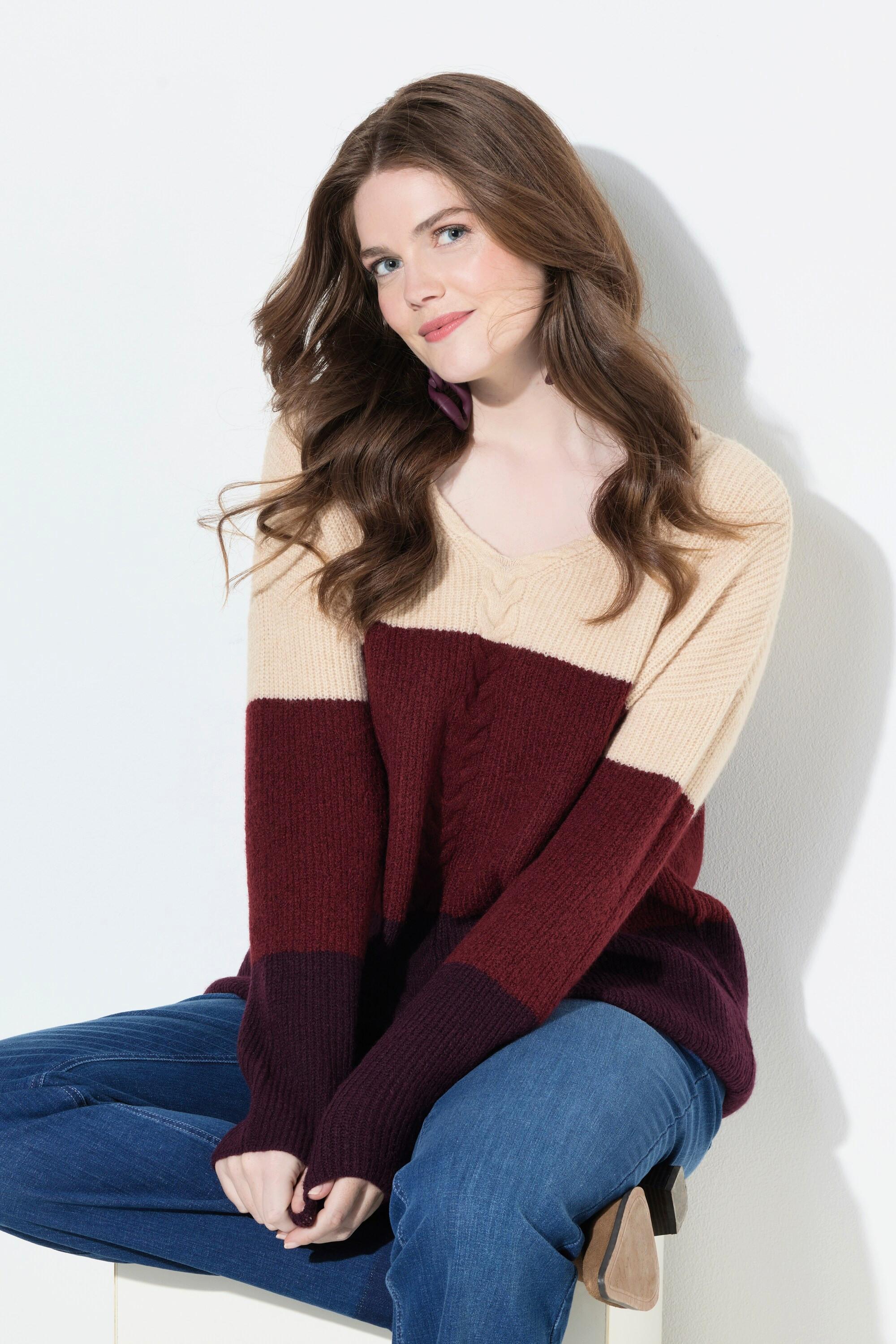 Ulla Popken Pull Colour Block Motif Torsadé Col V Manches Longues  