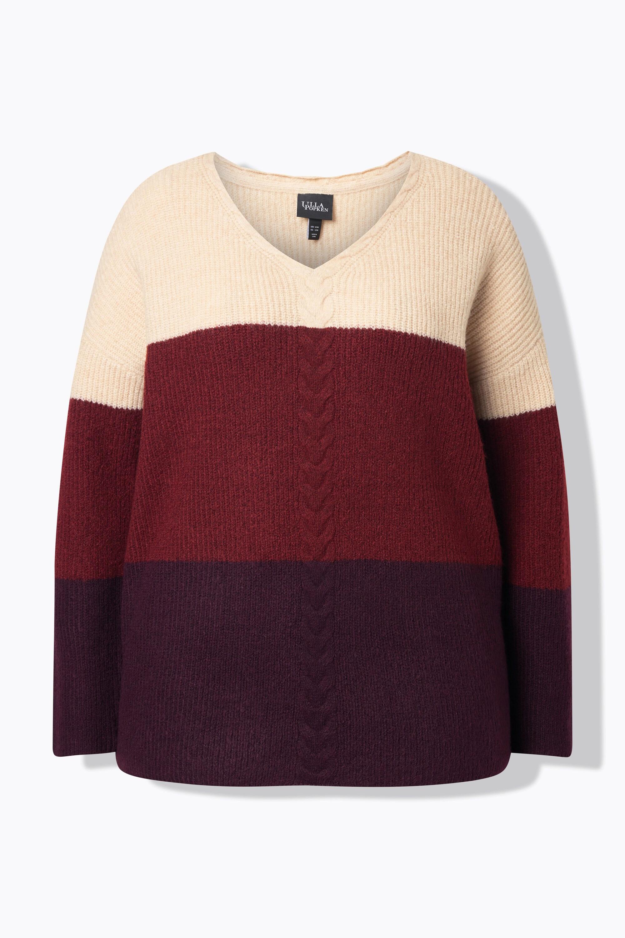 Ulla Popken Pull Colour Block Motif Torsadé Col V Manches Longues  