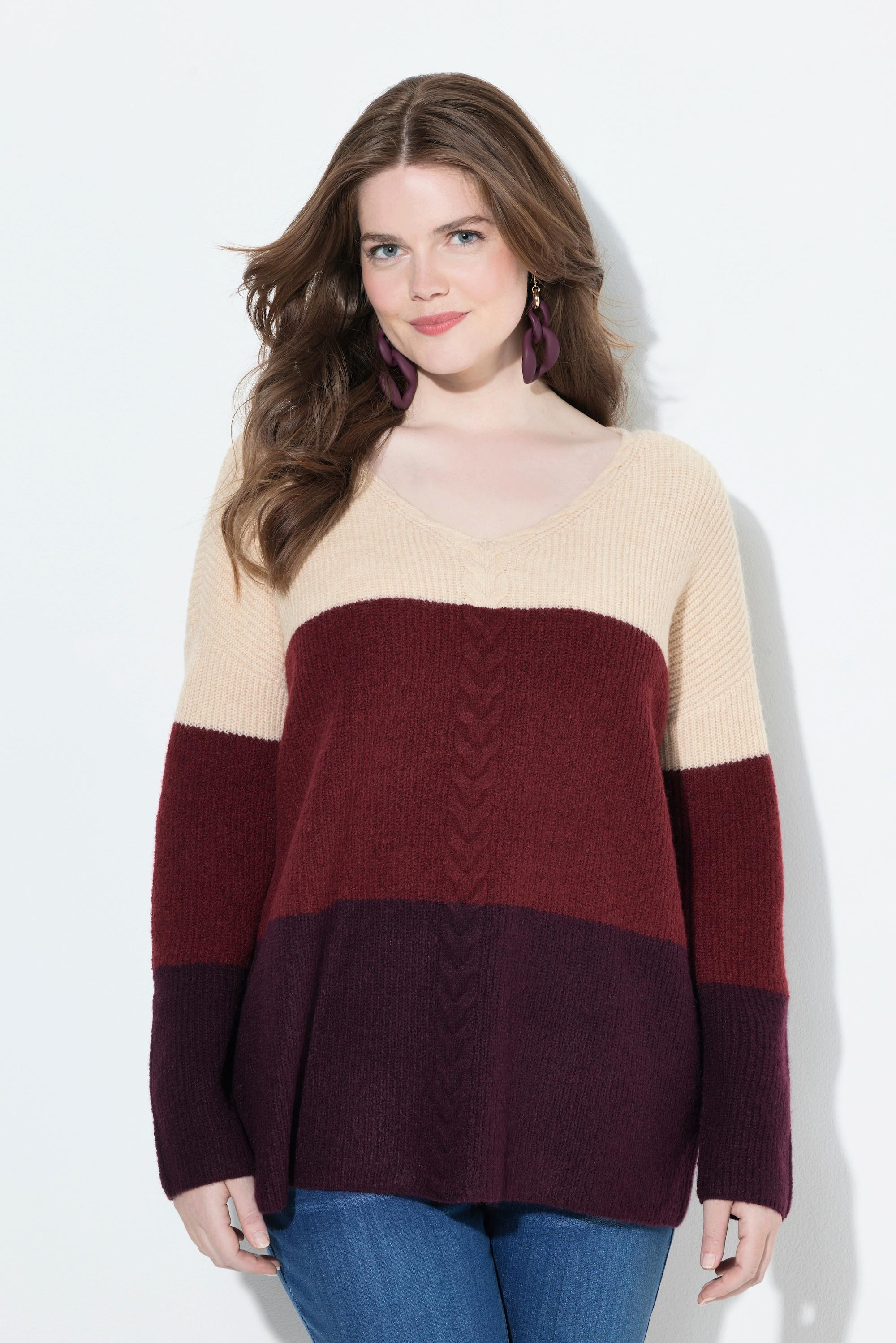 Ulla Popken Pull Colour Block Motif Torsadé Col V Manches Longues  