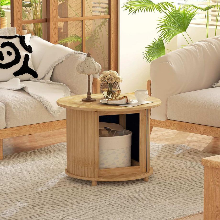 Northio Tavolino da salotto tavolo da salotto in bambù con vano portaoggetti nascosto e porta scorrevole, tavolino rotondo in stile moderno, per soggiorno, naturale, Ø60 x 45 cm  