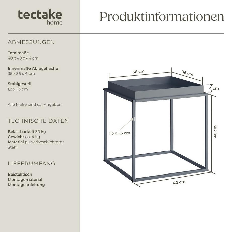 Tectake Beistelltisch Cambridge Stahl mit Ablage in Tablettform  