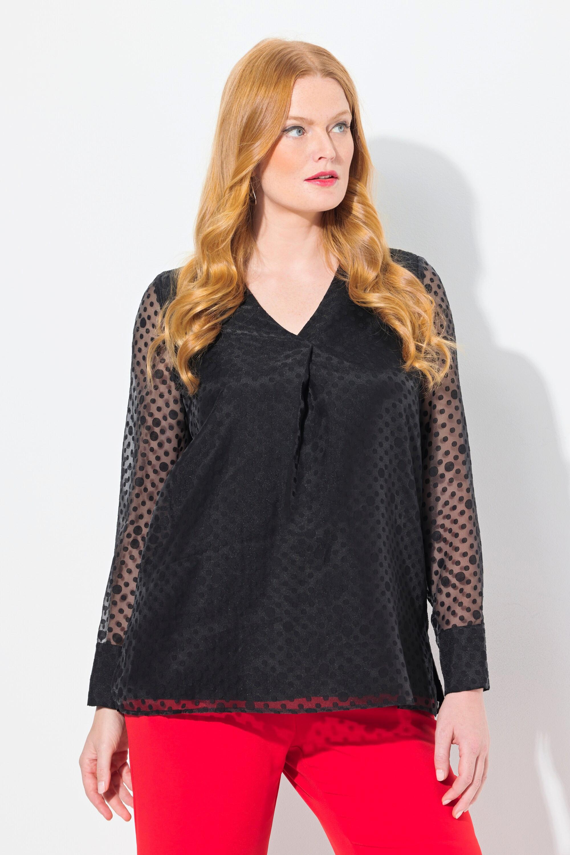 Ulla Popken  Blouse doublée, imprimé à pois, décolleté en V et manches longues 