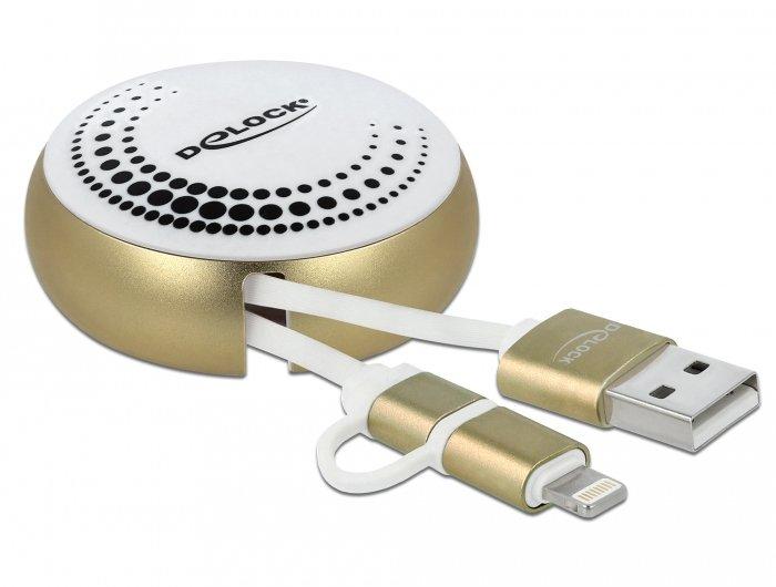 DeLock  Câble rétractable USB 2.0 2 en 1 Type-A à Micro-B et Lightning™ blanc / doré 