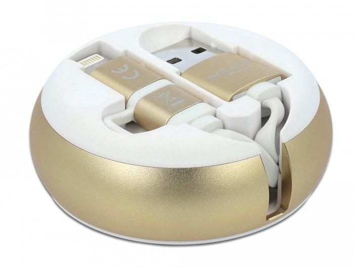 DeLock  Câble rétractable USB 2.0 2 en 1 Type-A à Micro-B et Lightning™ blanc / doré 