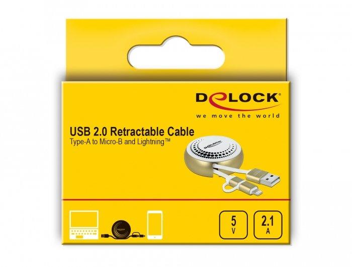 DeLock  Câble rétractable USB 2.0 2 en 1 Type-A à Micro-B et Lightning™ blanc / doré 