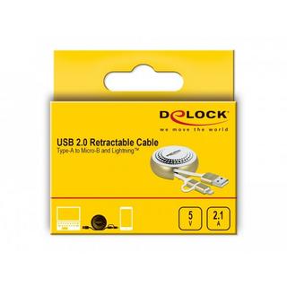 DeLock  Câble rétractable USB 2.0 2 en 1 Type-A à Micro-B et Lightning™ blanc / doré 