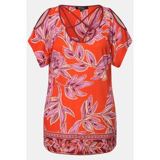 Ulla Popken  T-shirt, imprimé floral, rubans fantaisie, manches courtes, découpes 