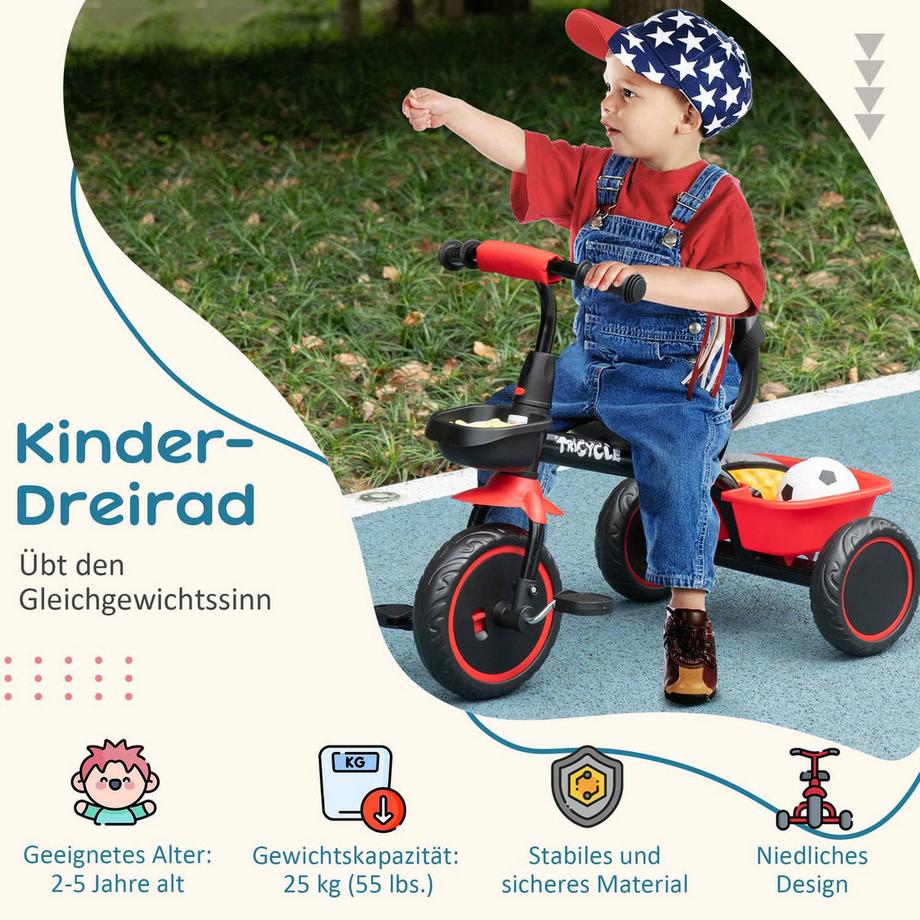Northio  Dreirad, Kinderdreirad, Kinderfahrrad mit Beckengurt, Pedalen, Fahrradkorb, Kinderrad mit höhenverstellbarer Sitz, für 2-5 Jahre 