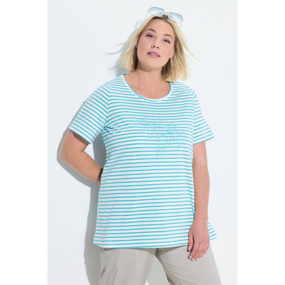 Ulla Popken Ringel Palmenstickerei Rundhals Halbarm T-Shirt  