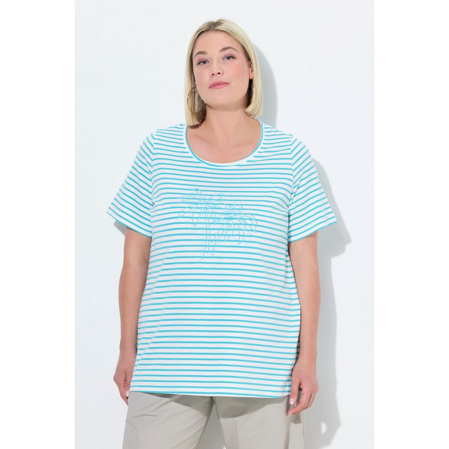 Ulla Popken Ringel Palmenstickerei Rundhals Halbarm T-Shirt  