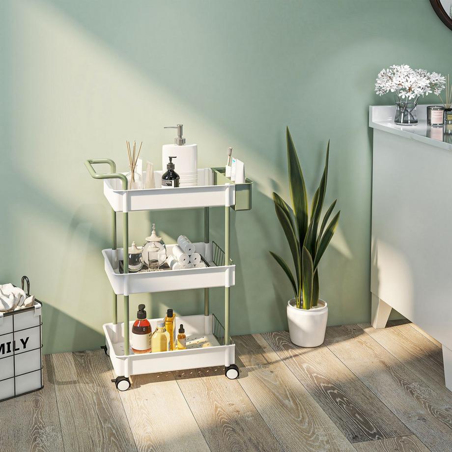 Northio Carrello Con Rotelle, Carrello Di Servizio Con 3 Ripiani E Cestello Pensile, Carrello Portaoggetti Con Maniglia, Carrello Da Cucina, Acciaio, Bianco  