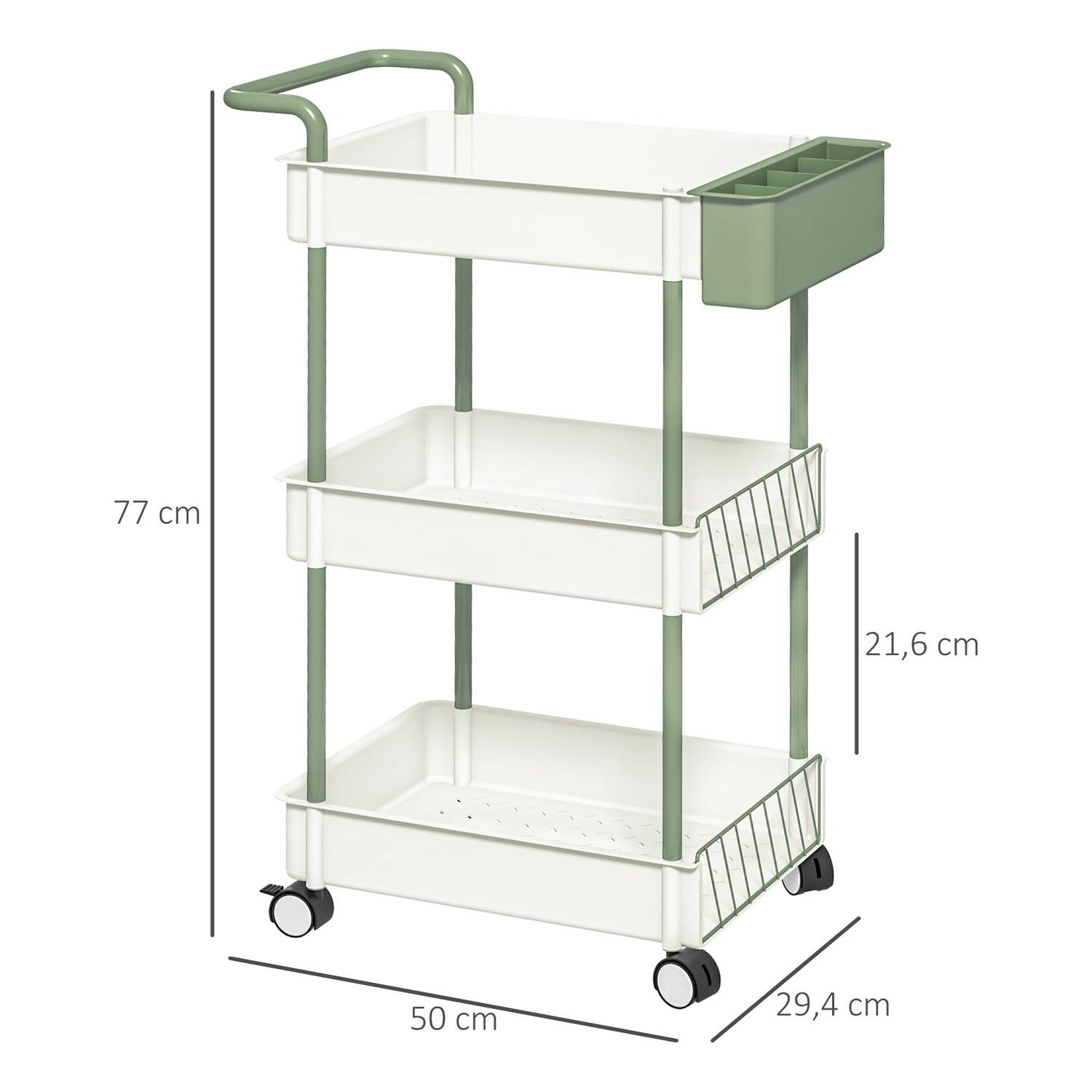Northio Carrello Con Rotelle, Carrello Di Servizio Con 3 Ripiani E Cestello Pensile, Carrello Portaoggetti Con Maniglia, Carrello Da Cucina, Acciaio, Bianco  