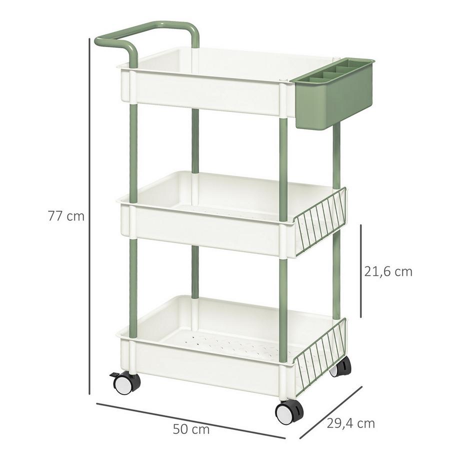 Northio Carrello Con Rotelle, Carrello Di Servizio Con 3 Ripiani E Cestello Pensile, Carrello Portaoggetti Con Maniglia, Carrello Da Cucina, Acciaio, Bianco  
