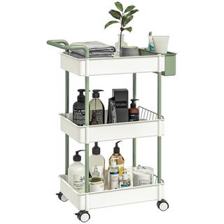 Northio Carrello Con Rotelle, Carrello Di Servizio Con 3 Ripiani E Cestello Pensile, Carrello Portaoggetti Con Maniglia, Carrello Da Cucina, Acciaio, Bianco  