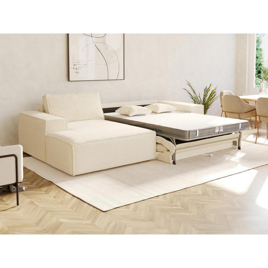 Vente-unique Canapé d'angle gauche convertible express en velours côtelé beige - Couchage 140 cm - Matelas 14 cm avec mémoire de forme - AMELIA  