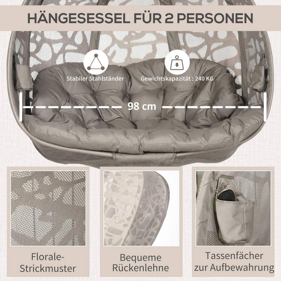 Northio Hängesessel, 2 Sitzer Hängestuhl Mit Kissen, Hängeschaukel Mit Klappbarem Sitzkorb, Bis 240 Kg Belastbar, Polyester+Stahl, Sand  