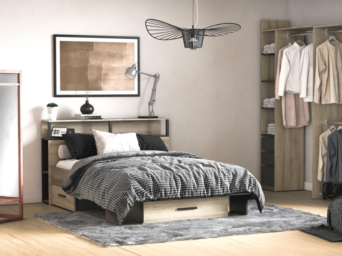 Vente-unique Lit avec rangements 140 x 190 cm + Sommier + Matelas - Coloris : Naturel et noir - NOALIA  