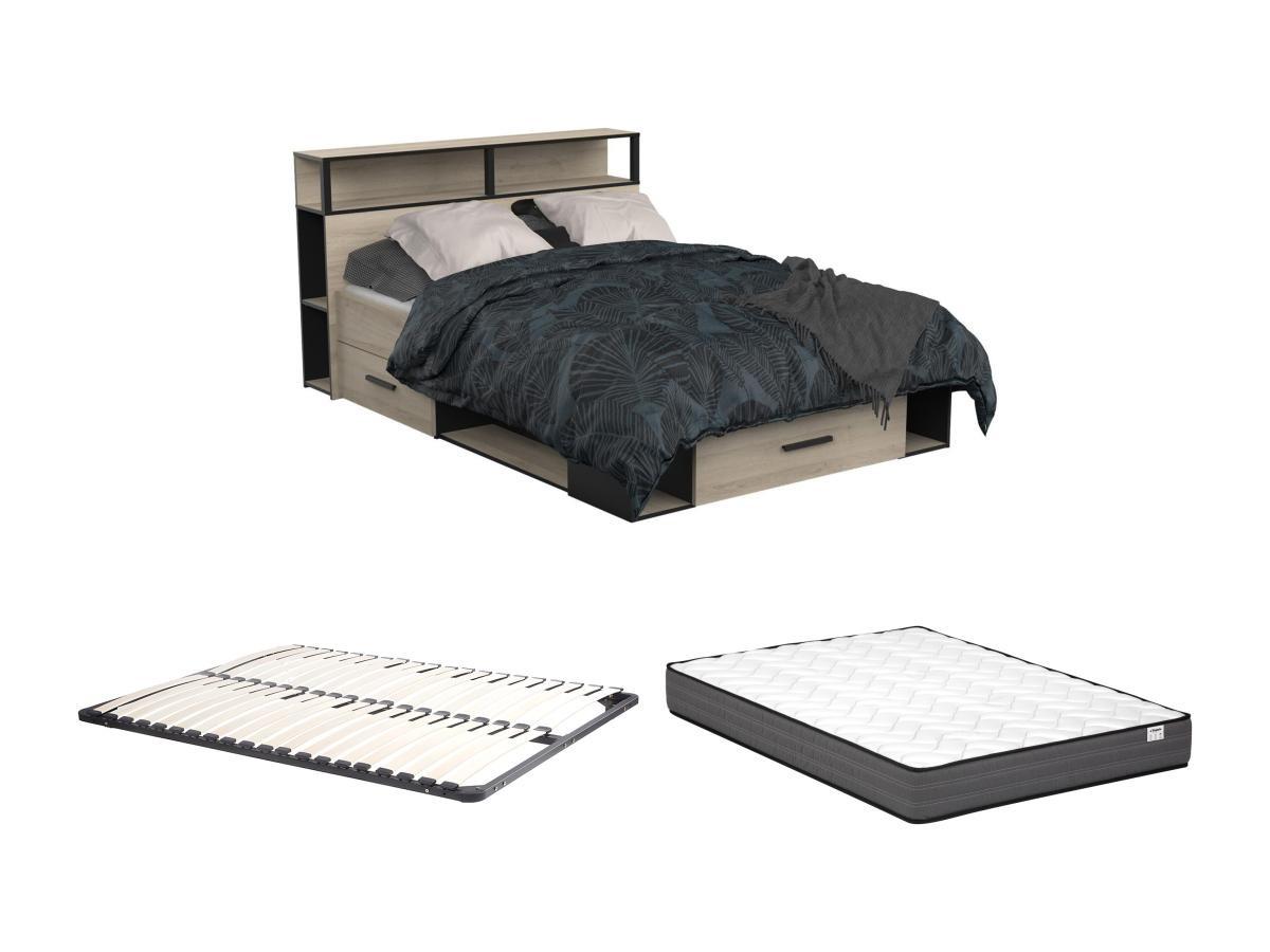 Vente-unique Lit avec rangements 140 x 190 cm + Sommier + Matelas - Coloris : Naturel et noir - NOALIA  