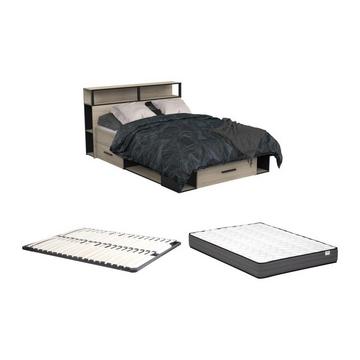 Lit avec rangements 140 x 190 cm + Sommier + Matelas - Coloris : Naturel et noir - NOALIA