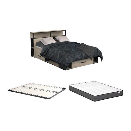 Vente-unique Lit avec rangements 140 x 190 cm + Sommier + Matelas - Coloris : Naturel et noir - NOALIA  