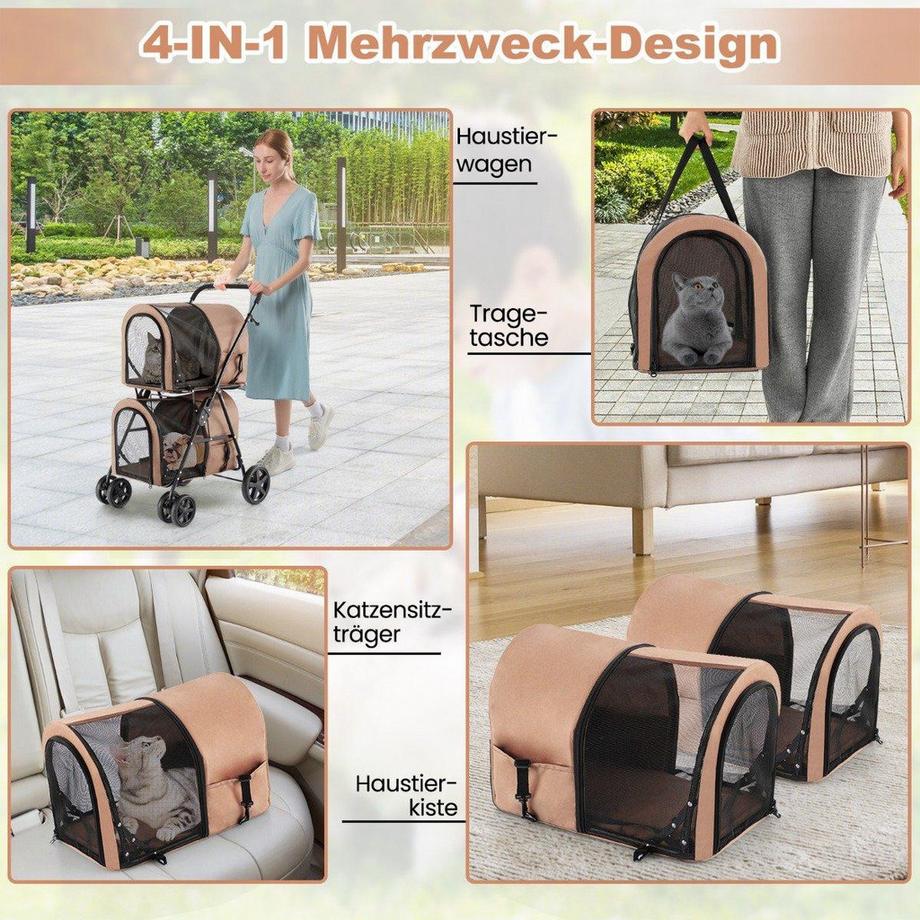 B2X  2 Etagen Hundewagen bis 16 kg Hundebuggy mit Netzfenstern Getränkehalter 