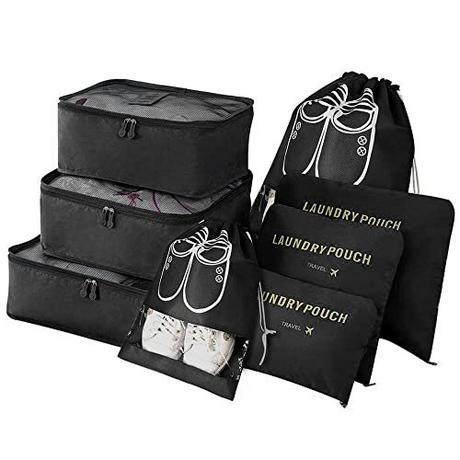 Only-bags.store  Kofferorganisator, 8-in-1-Set Gepäckorganisator, wasserdichte Reisekleidersäcke mit 2 Schuhsäcken, 3 Packwürfeln und 3 Aufbewahrungsbeuteln, für Kleidung, Schuhe, Kosmetika, 